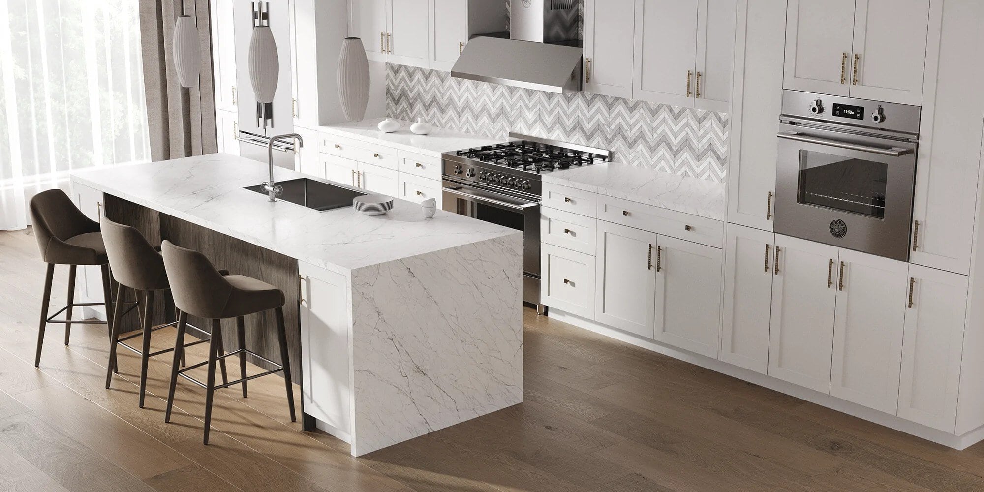 BauBasic white shaker German kitchen with grey woodgrain island, an affordable Bauformat line