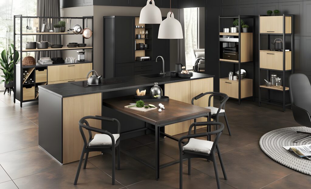 Modern kitchen with wooden and black cabinetry, two pendant lights above an island with a sink, and a dining table with chairs. Shelves with kitchenware and an oven are in the background, reflecting healthy kitchen design trends.