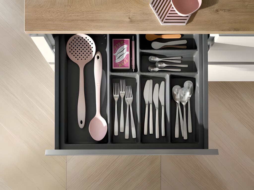 Kitchen drawer with organized utensils including spoons, forks, knives, a ladle, and a mesh skimmer, all neatly arranged in compartments. A small box and a pink container are also visible, ensuring the kitchen cabinets are fully utilized.