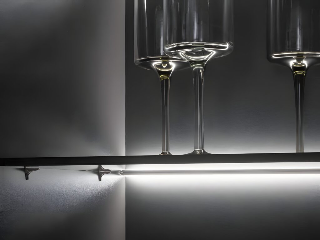 Three empty wine glasses rest on a lit glass shelf, embodying the latest in German kitchen lighting design trends against a dark background.
