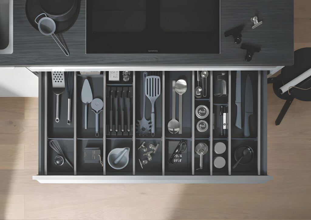 Top-down view of a neatly organized kitchen drawer containing various utensils, including knives, spatulas, a cheese grater, a can opener, and other cooking tools. This setup reflects the future trends in German kitchen cabinet materials with its sleek and durable design.