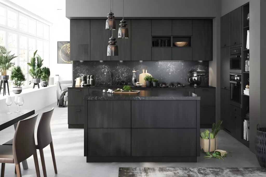 A modern kitchen with dark cabinetry, an island boasting a marble countertop, pendant lights, and stainless steel appliances. A dining table is visible in the background. Greenery adds a touch of color, subtly nodding to the rich history of German kitchen cabinets.