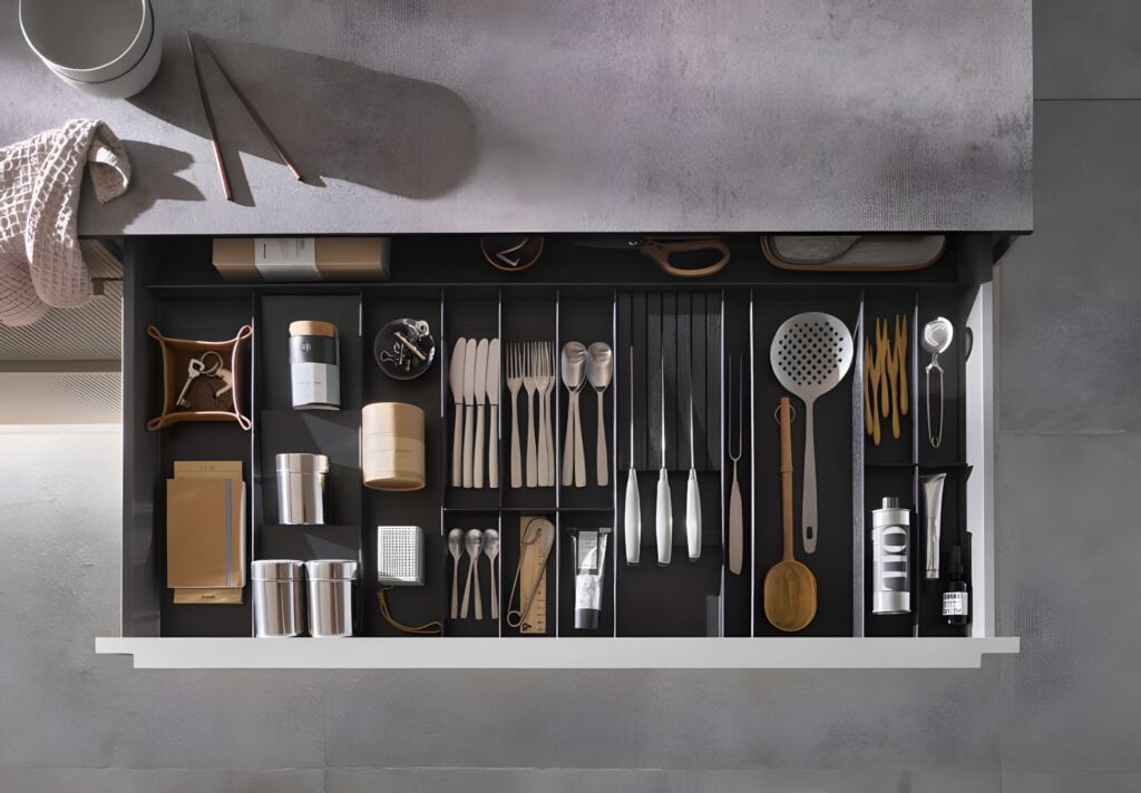 A drawer with neatly organized kitchen utensils, including knives, forks, spoons, spatulas, tongs, and containers, all separated by dividers—embracing the latest healthy kitchen design trends.