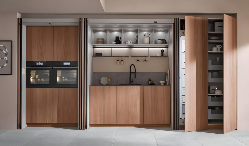 A minimalist kitchen with wooden cabinetry features an open shelving area with kitchenware, two wine glasses, a black sink, built-in ovens on the left, and a pantry behind a partially open door on the right. Smart lighting adjusts brightness for an elegant display at any time of day.