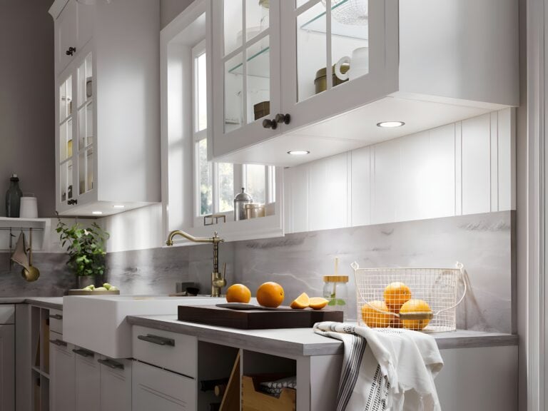 A modern kitchen with white cabinets, a farmhouse sink, and a countertop displaying oranges in a basket and on a wooden tray. Natural light enters through a window, showcasing healthy kitchen design trends with vibrant plants in the background.