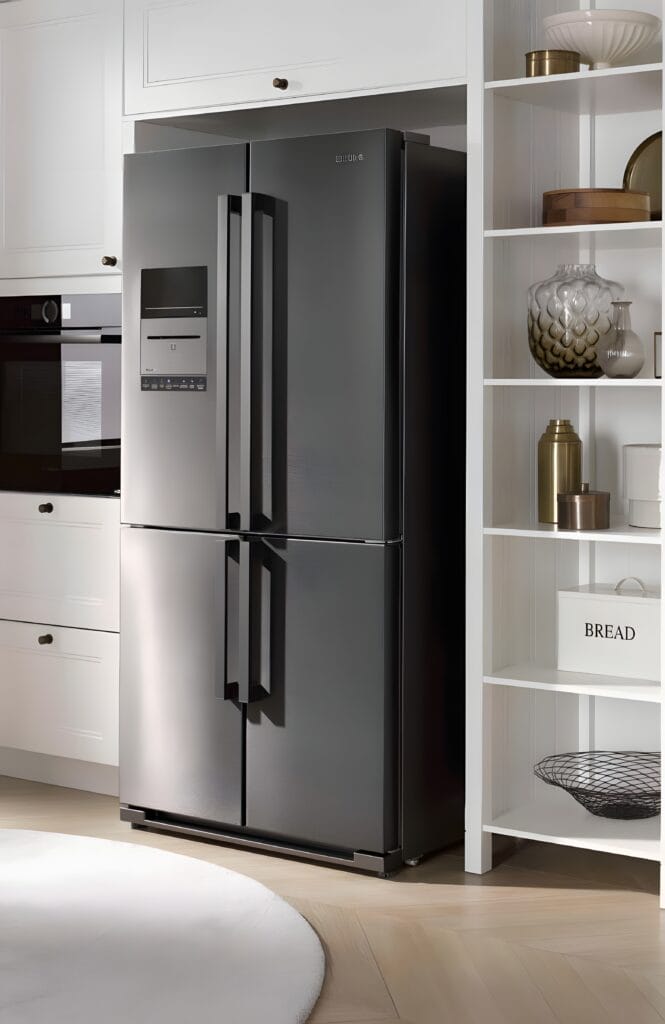 A modern black French door refrigerator is strategically set within a white kitchen cabinetry design, underlining the importance of appliance placement. With a built-in oven on the left and open shelves holding decor items on the right, the kitchen embodies functional elegance.