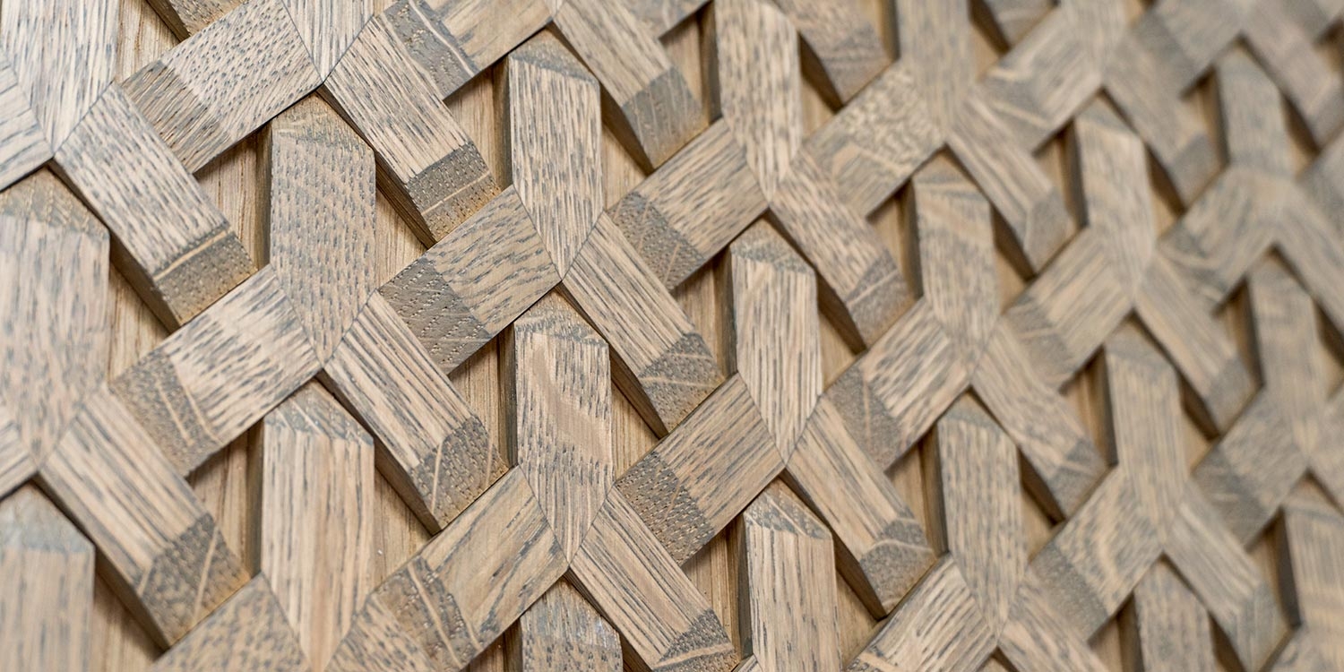 Decorativa carved oak lattice cabinet front showing German woodworking craftsmanship by Bauformat