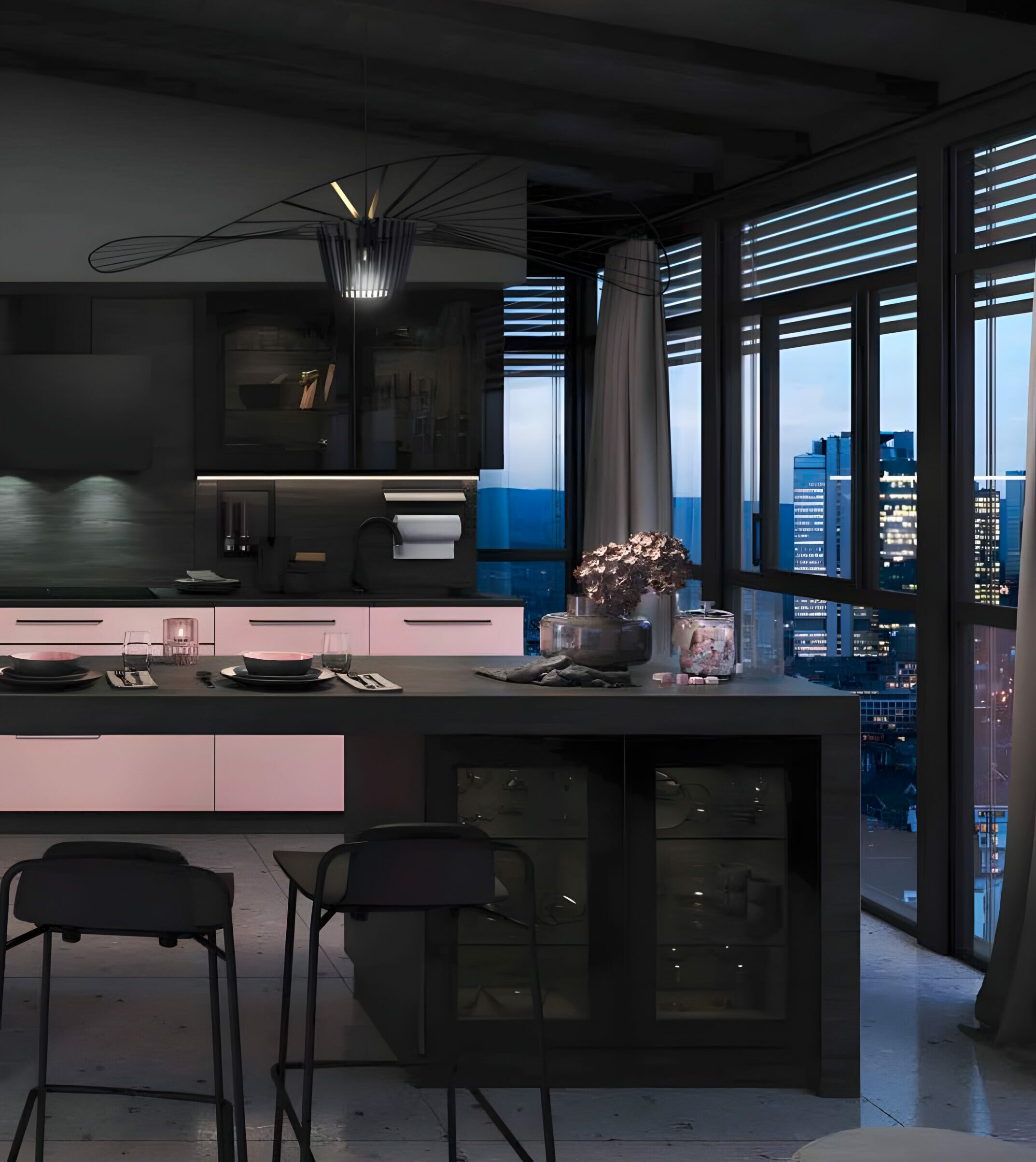 A modern kitchen with melamine cabinets and a city view, featuring an island with bar stools, pendant lighting, an oven, countertops adorned with cookware, and large windows with blinds partially open.