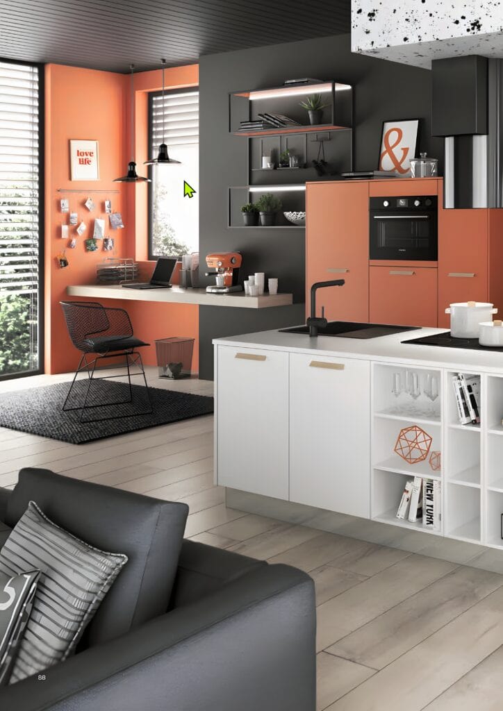 Modern kitchen and living space with a black, white, and orange color scheme. Features include space-saving kitchen furniture, a desk area, open shelving, built-in appliances, a large sofa, and natural light from large windows. Bauformat Burger Melamine Cindy 