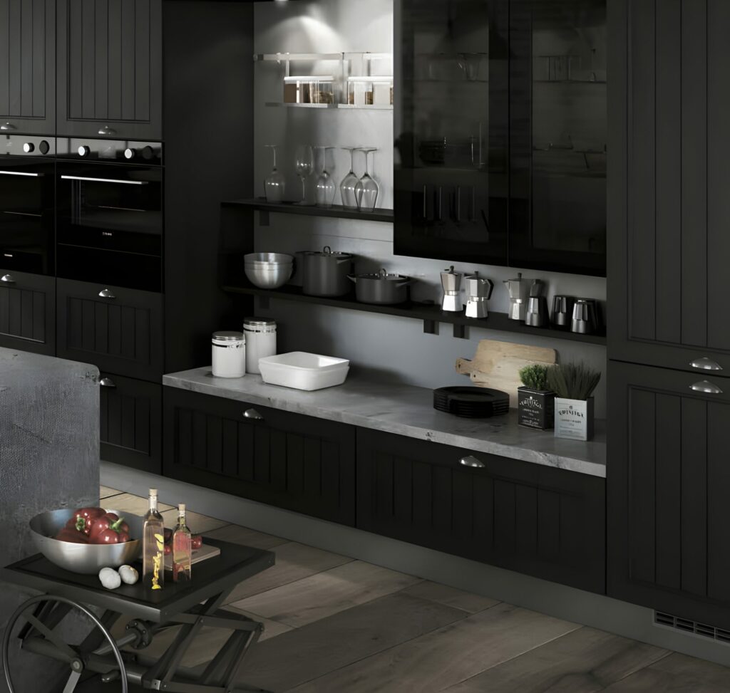 Modern kitchen with dark cabinetry and open shelves displaying various kitchenware, utensils, and small appliances. Gray countertops contrast with dark cabinets, and exposed brick is visible above. Bauformat transforms kitchens with IoT integration for a sleek, smart cooking space.