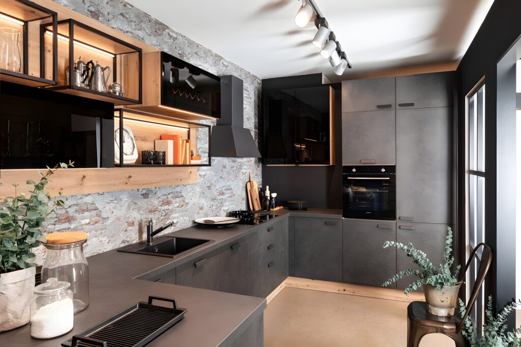Modern kitchen with concrete countertops, black cabinets, and brick walls. Open shelves hold dishes and decor, while potted plants add a touch of greenery. Custom storage options for kitchen cabinets ensure everything has its place. Track lighting illuminates the space.