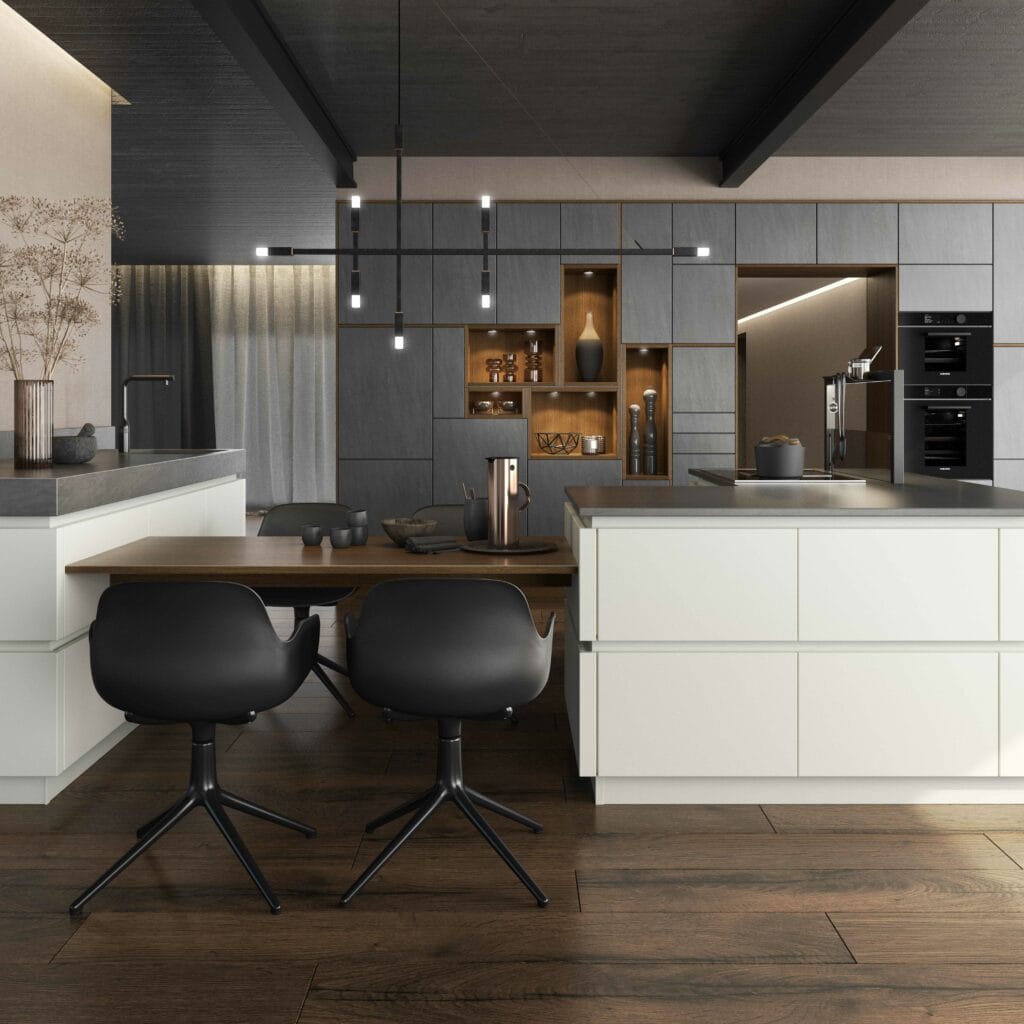 Modern kitchen with dark wood flooring, rustic-style white cabinetry, and black chairs. Features a central island, built-in appliances, open shelving, and contemporary lighting fixtures.