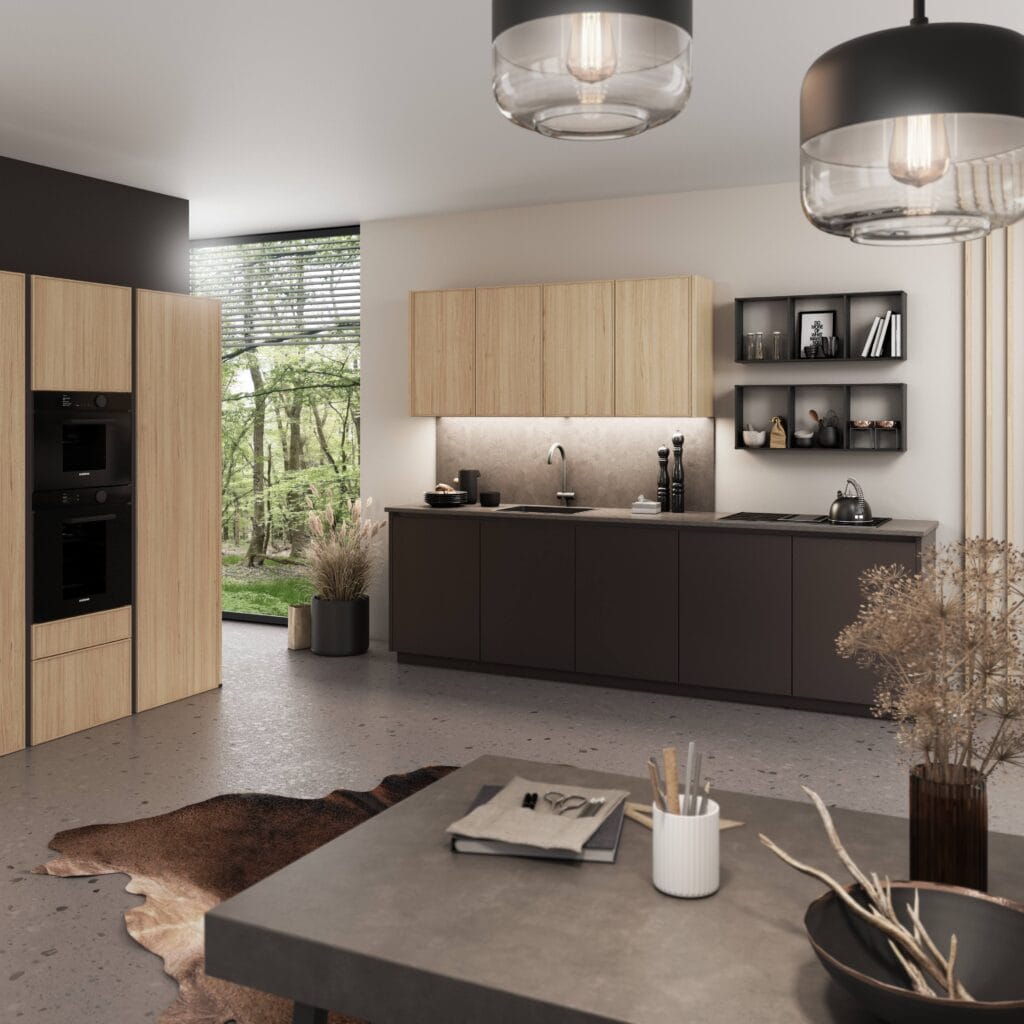 Modern kitchen with wooden cabinets, black countertops, and black appliances. A rug lies on the floor, and pendant lights hang from the ceiling. The right cabinets for reach and function make cooking easy at a table adorned with utensils and decor in the foreground.