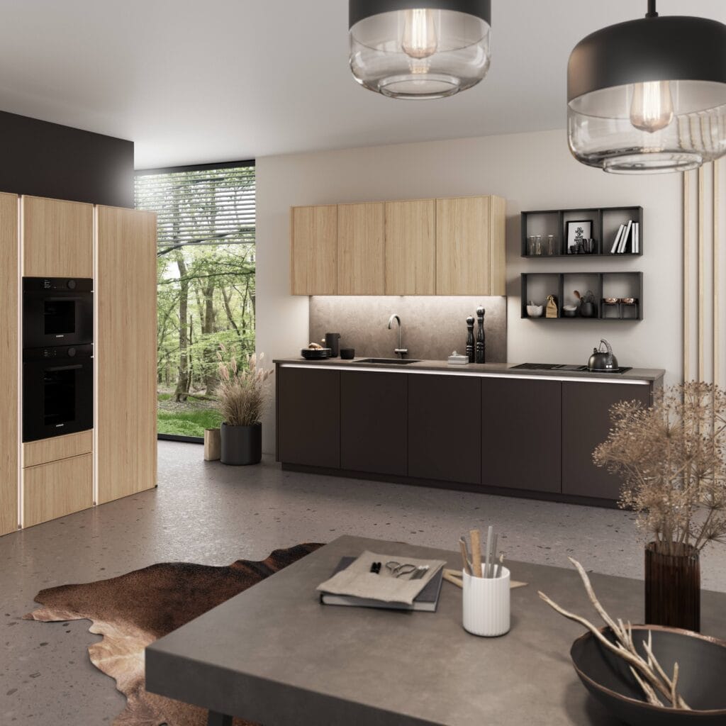 A modern kitchen with wooden cabinets, black countertops, open shelves, and stainless steel appliances, featuring large windows overlooking green trees and a minimalist decor inspired by the latest German kitchen design trends.