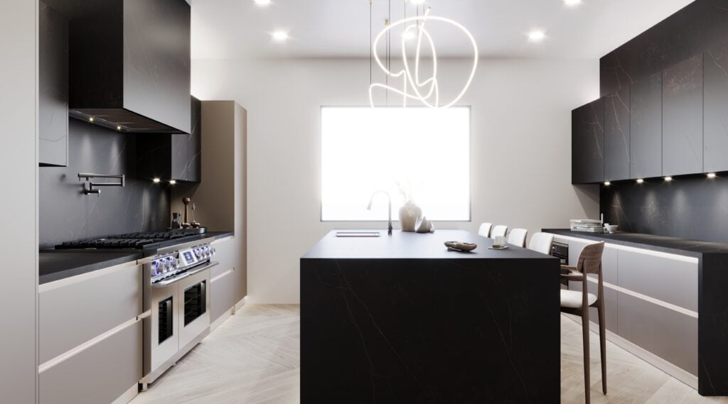 Modern kitchen with a large island at the perfect working height, high-end appliances, and minimalist design. Features a gas stove, white and black cabinetry, and contemporary lighting.