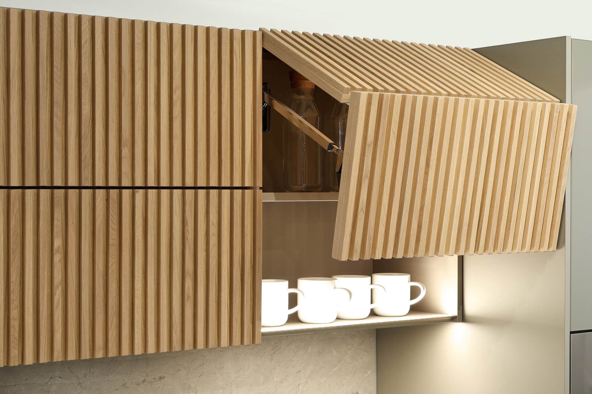 Bauformat kitchen display — concealed storage, engineered