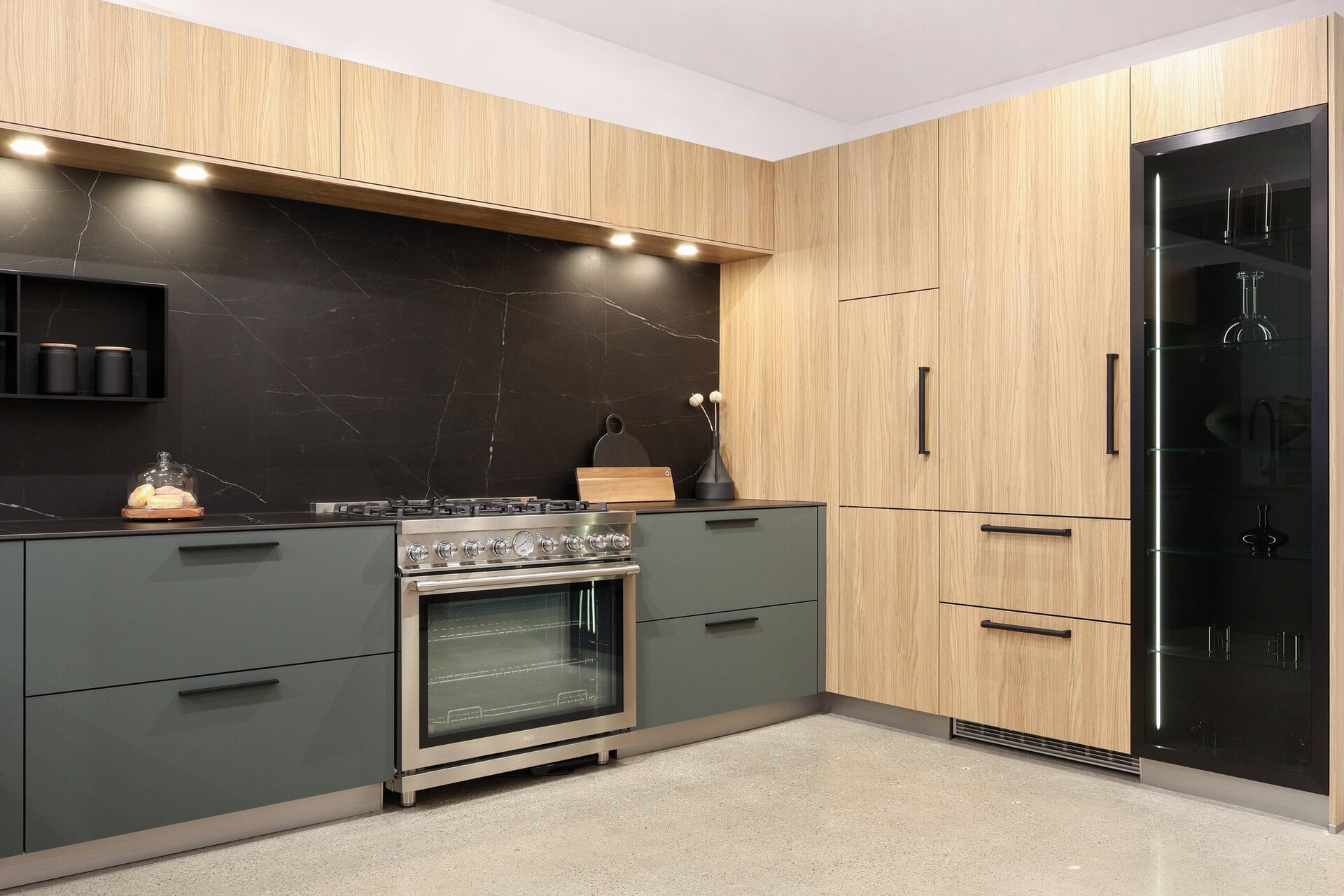 Bauformat kitchen display — hardened lacquer, natural wood